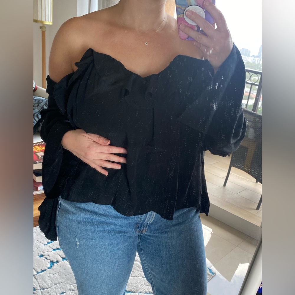 Black Ruffled Off-Shoulder Blouse - Picture 3 of 8